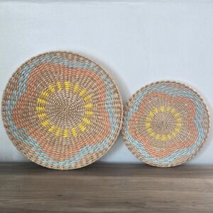 Set of 2 Woven Seagrass Wall Art Baskets Boho Sunburst Decor Yellow Blue Peach